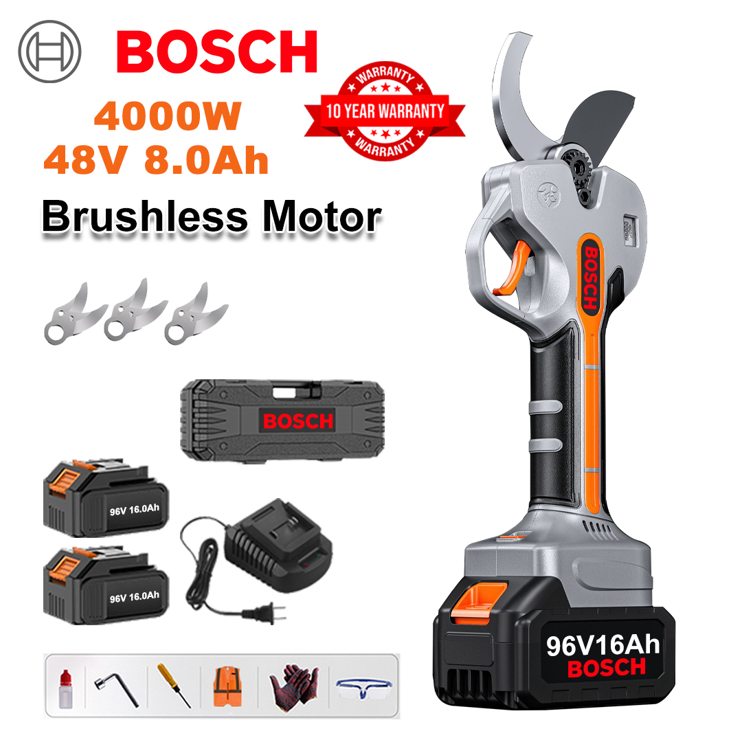 Tijeras de podar de litio sin escobillas de 4000 W + 2 baterías de 48 V y 8 Ah + 3 cuchillas de aleación Sk9 + Cargador + Pantalla LED de potencia + Caja de herramientas + Aceite lubricante + Gafas protectoras + 10 años de garantía
