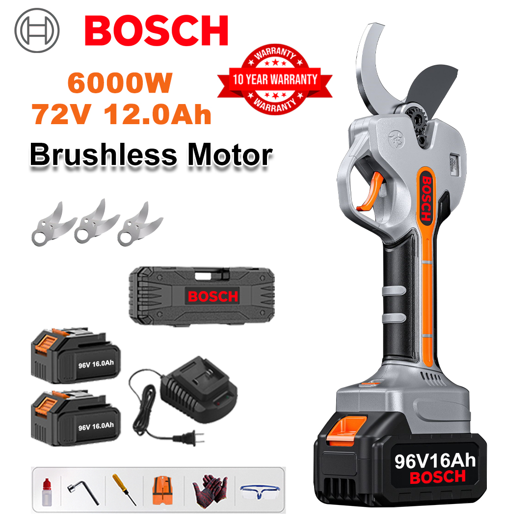 Tijeras de podar de litio sin escobillas de 6000 W + 2 baterías de 78 V y 12 Ah + 3 cuchillas de aleación Sk9 + Cargador + Pantalla LED de potencia + Caja de herramientas + Aceite lubricante + Gafas protectoras + Garantía de 10 años