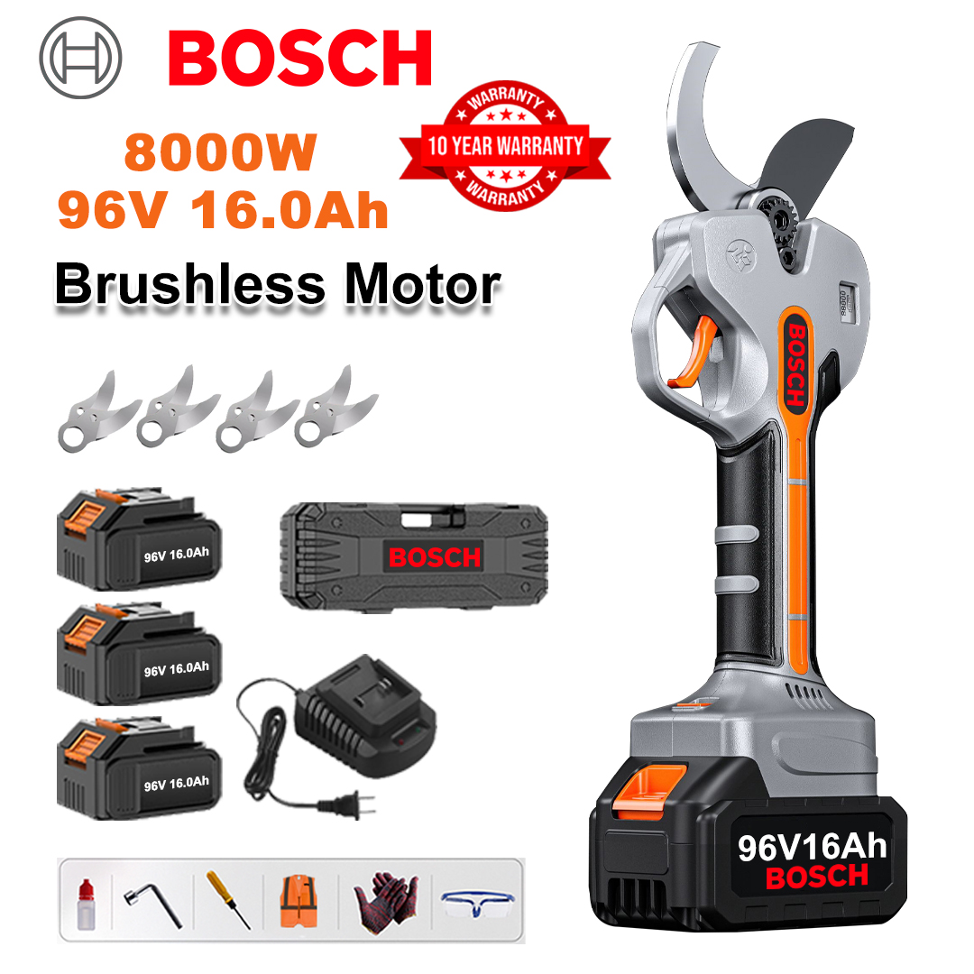 Tijeras de podar de litio sin escobillas de 8000 W + 3 baterías de 96 V y 16 Ah + 4 cuchillas de aleación Sk9 + Cargador + Pantalla LED de potencia + Caja de herramientas + Aceite lubricante + Gafas protectoras + Garantía de 10 años