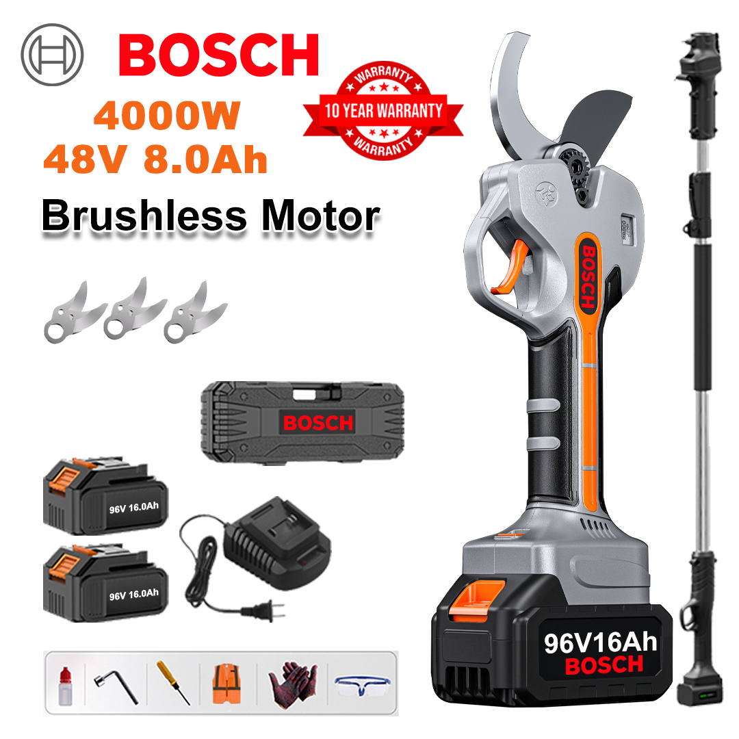 [Varilla de extensión de 1,5-5 m] Tijeras de podar de batería de litio sin escobillas de 4000 W + 2 baterías de 48 V y 8 Ah + 3 cuchillas de aleación SK9 + Cargador + Pantalla LED de potencia + Caja de herramientas + Aceite lubricante + Gafas protectoras + Garantía de 10 años