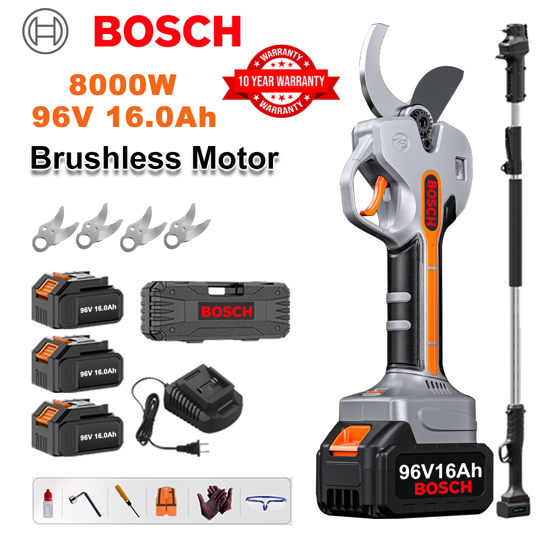 [Varilla de extensión de 1,5-5 m] Tijeras de podar de batería de litio sin escobillas de 8000 W + 3 baterías de 96 V y 16 Ah + 4 cuchillas de aleación Sk9 + Cargador + Pantalla LED de potencia + Caja de herramientas + Aceite lubricante + Gafas protectoras + Garantía de 10 años