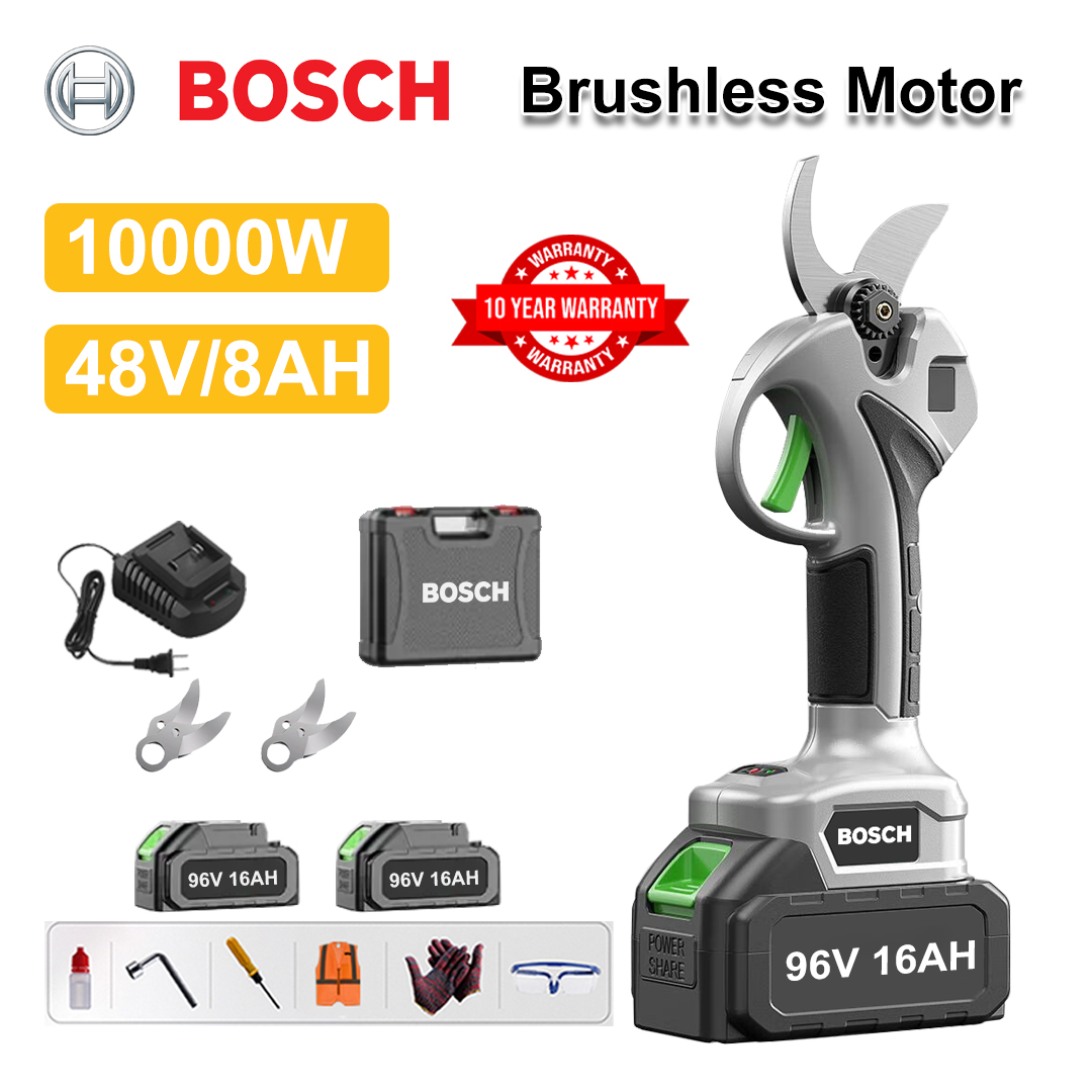 Tijeras de podar de batería de litio sin escobillas de 10000 W + Batería de 48 V 8 Ah*2 + Hoja de aleación Sk9*2 + Cargador + Pantalla LED de potencia + Caja de herramientas + Aceite lubricante + Gafas protectoras + Garantía de 10 años
