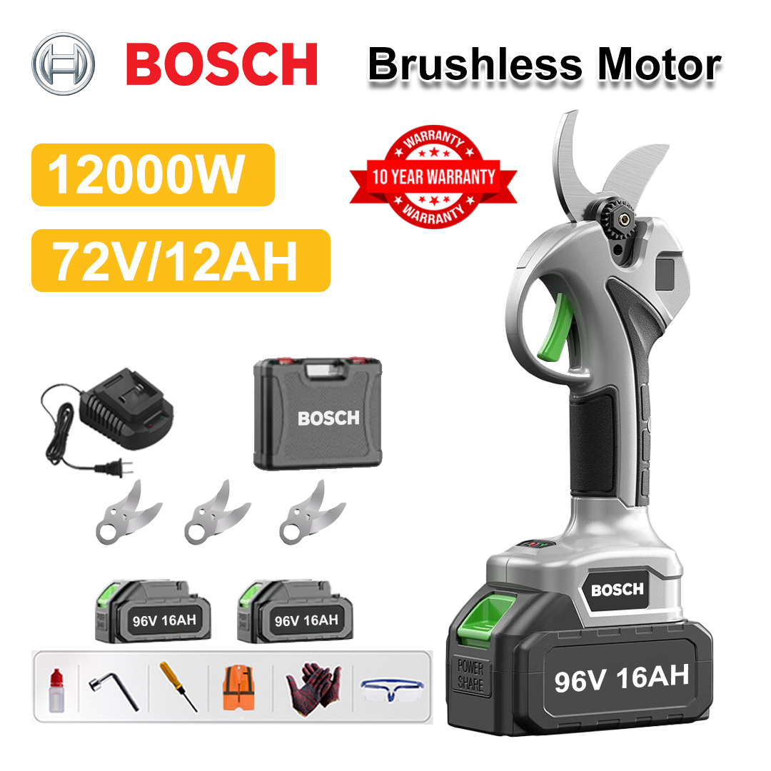 Tijeras de podar de batería de litio sin escobillas de 12000 W + Batería de 78 V 12 Ah * 2 + Hoja de aleación Sk9 * 3 + Cargador + Pantalla LED de potencia + Caja de herramientas + Aceite lubricante + Gafas protectoras + Garantía de 10 años