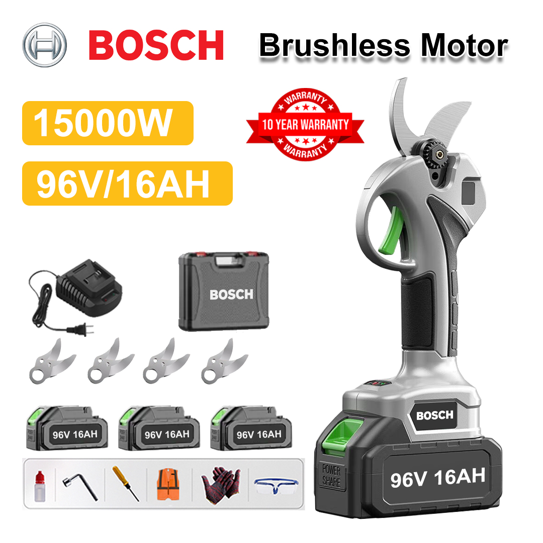 Tijeras de podar de batería de litio sin escobillas de 15000 W + Batería de 96 V 16 Ah * 3 + Hoja de aleación Sk9 * 4 + Cargador + Pantalla LED de potencia + Caja de herramientas + Aceite lubricante + Gafas protectoras + Garantía de 10 años