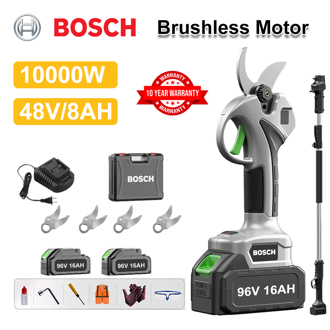 [Varilla de extensión de 1,5 a 5 m] Tijeras de podar con batería de litio sin escobillas de 10 000 W + Batería de 48 V 8 Ah * 2 + Hoja de aleación Sk9 * 4 + Cargador + Pantalla de alimentación LED + Caja de herramientas + Aceite lubricante + Gafas protectoras + Garantía de 10 años