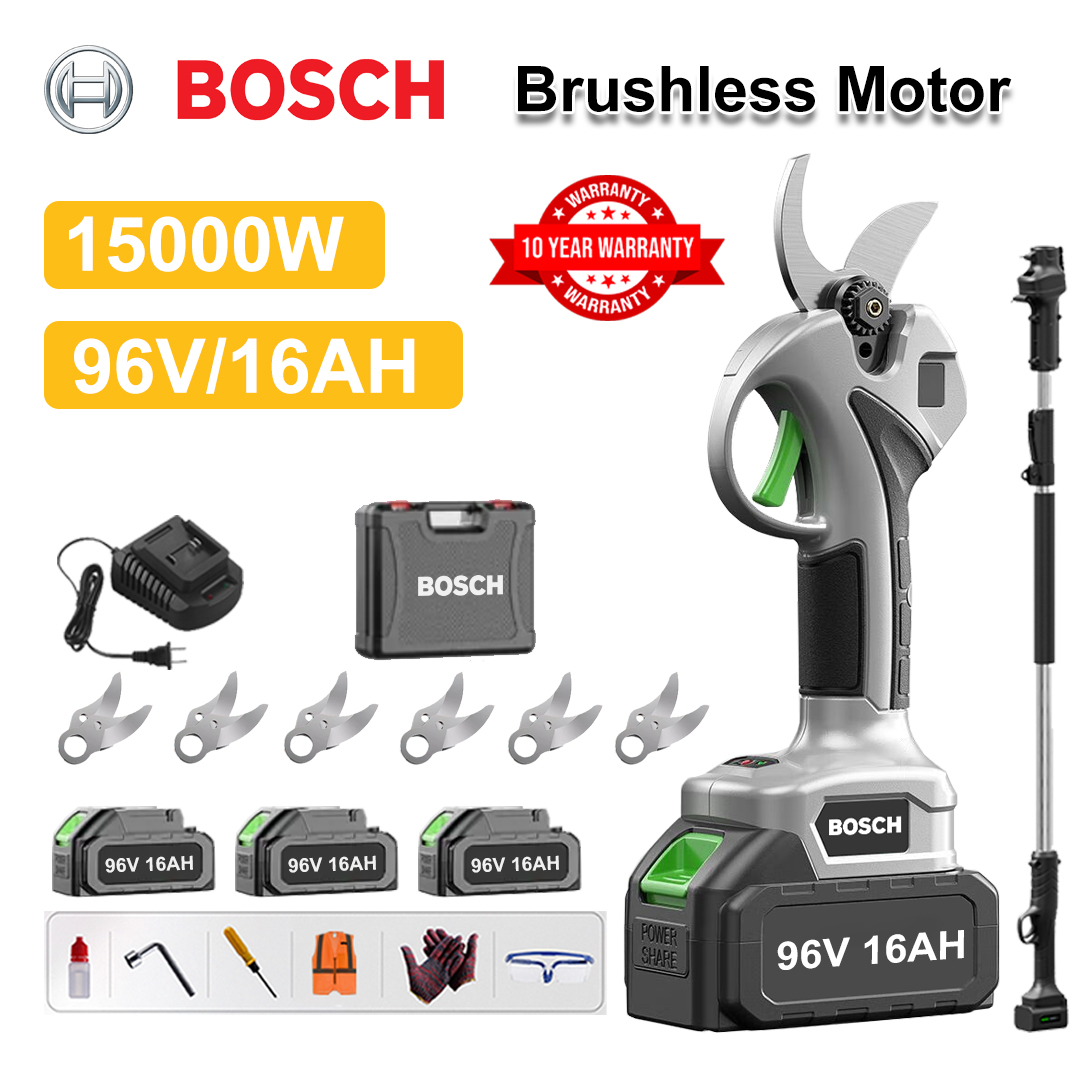 [Varilla de extensión de 1,5 a 5 m] Tijeras de podar con batería de litio sin escobillas de 15 000 W + Batería de 96 V 16 Ah * 3 + Hoja de aleación SK9 * 6 + Cargador + Pantalla de alimentación LED + Caja de herramientas + Aceite lubricante + Gafas protectoras + Garantía de 10 años