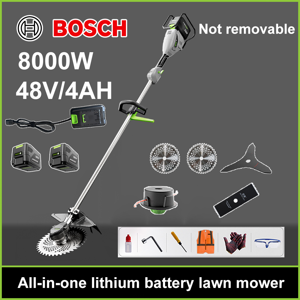 Cortadora de césped sin escobillas de 8000 W + batería de litio de 48 V/4 Ah * 2 + hoja de sierra circular * 2 + hoja de sierra recta + disco desmalezadora + cuerda desmalezadora * 20 + cargador original + otros accesorios + diez años de garantía