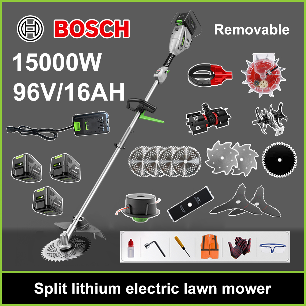 Cortadora de césped sin escobillas de 15000 W + batería de litio de 96 V/16 AH * 3 + hoja de sierra circular * 4 + hoja de sierra recta + disco de deshierbe + cuerda de deshierbe * 20 + hoja triple * 2 + hoja de sierra de acero + hoja de aleación * 2 + cabezal de sierra + hoja de sierra + cargador rápido doble original + cabezal recolector de frutas + cabezal de siembra + otros accesorios + diez años de garantía